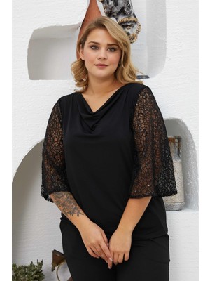 Sea Moda Kadın Siyah Pul Işlemeli Truvakar Kol Degaje Yaka Bluz Günlük Stil ve Rahatlık