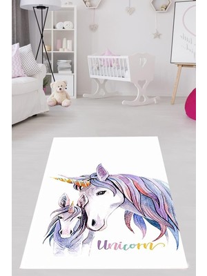 Karahanbey Pelangi Unicorn At Desenli Halı Dijital Baskı Yıkanabilir Kaymaz Taban Beyaz Çocuk Odası Halısı, Ma