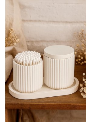 Banyo ve Makyaj Organizer Seti – 4 Parçalı Modern Tasarım, Çizgili Kapaklı Kutu &amp; Tepsili Düzenleyici