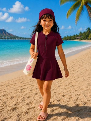 My Kids Wear Kız Çocuk  Kısa Kollu Fermuarlı Mayo Uv Korumalı Deniz ve Havuz Mayosu 12859