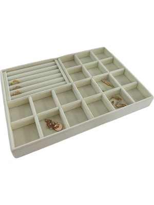 Bakü Model Süet Krem Renk 34/24 cm Bölmeli-Batırmalı Çekmece Içi Takı Standı
