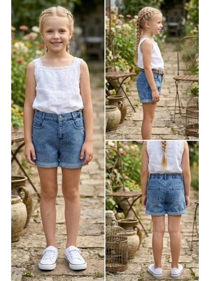 Meya Baby & Kids Kız Çocuk Kot Şort Taş Işlemeli Lastikli Denim