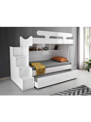 Beenal Samara Ranza - 3 Karyolalı Merdivenli Ranza,yavrulu Karyolalı - Parlak Beyaz
