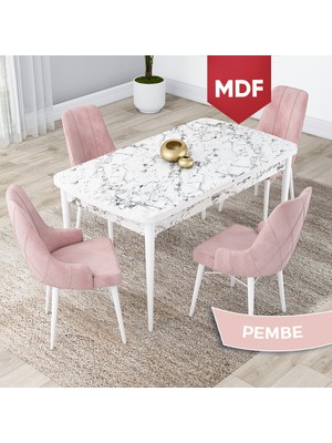 Canisa Concept Lia Serisi MDF Beyaz Mermer Desen Açılabilir 80X132 Yemek Masası Takımı 4 Sandalye