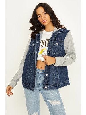 Select Moda Kadın Siyah Kapüşonlu Kolları Penye Oversize Denim Ceket