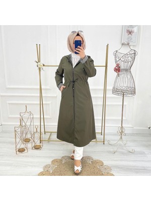 Vibeys Collection Haki Içi Çizgili ve Kendinden Astarlı Su Geçirmez Kadın Trençkot