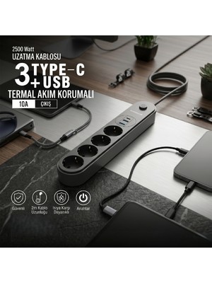 Cansa Termal Akım Korumalı 4 Prizli USB Girişli Uzatma Kablosu