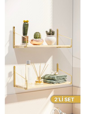 Empressco Parlak Gold Kaplama Masif Ahşap Duvar Rafı Çiftli Set, Lüks ve Şık Dekorasyon