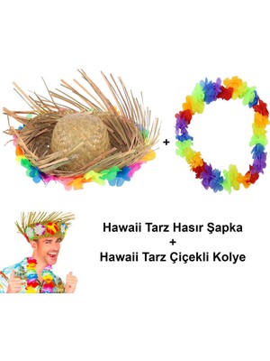 Cansa Hawaii Tarzı Set - Tropikal Çiçekli Hasır Şapka ve Çiçekli Hawaii Kolye