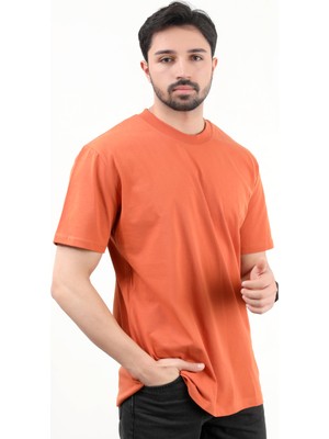 Erkek Bisiklet Yaka %100 Pamuklu Basic T-Shirt Turuncu - 2271-1