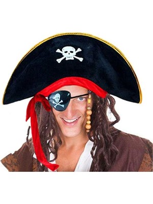Cansa Yetişkin Boy Kadife Kaptan Jack Sparrow Korsan Şapkası ve Plastik Korsan Göz Maskesi