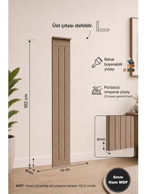 HMC Decor Çizgili Lambiri Görünümlü Boyanabilir Duvar Paneli 6mm Ham Mdf (18X102 Cm)