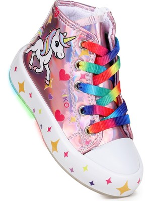 Kiko Kids Pames  Unicorn Fermuarlı Işıklı Kız Çocuk Spor Ayakkabı Pembe