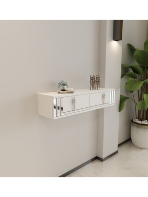 Empressco 90 cm Beyaz-Gümüş Kapaklı Duvara Monte Makyaj ve Dresuar Rafı