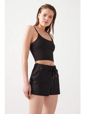 Los Ojos Kadın Siyah Cepli Beli Lastikli Basic Fit Spor Şort Shorts