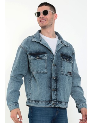 Little Cup Jeans Co Erkek Buz Mavi Kapüşonlu Çıkarılabilir Kapüşonlu Oversize Kot Ceket