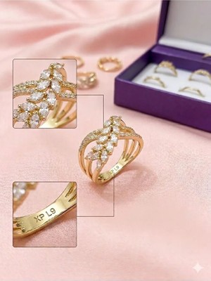 Singularis Kadın Gold Vıp Serisi Markiz Taşlı Kaburga Yüzük - Yaprak Desenli Lüks Gold Yüzük