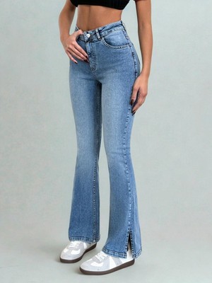Kadın Ispanyol Paça Yırtmaçlı Jeans Mavi