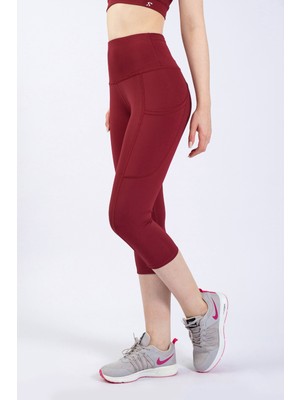 The Step Sports Snc Kadın Bordo Cepli Yüksek Bel Toparlayıcı, Kapri Yoga Tayt 19"