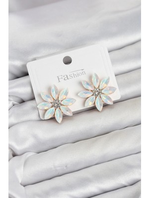 Hobilinka Mey Ithalat® Beyaz Renk Kristal Taşlı Lotus Çiçek Model Kadın Küpe