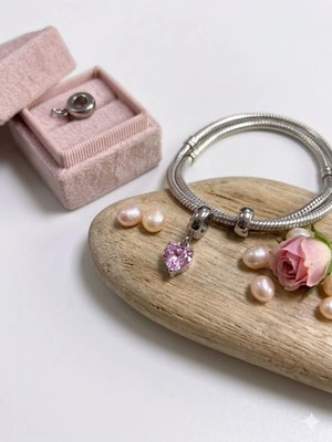Singularis Pembe Taşlı Kalp Gümüş Charm - Romantik Kalp Bileklik ve Kolye Tılsımı