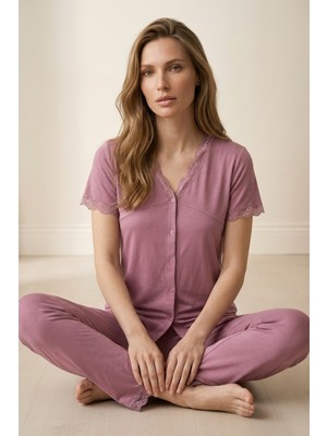 Morro Kadın Vişne Dantelli Viskon V Yaka Kısa Kollu Pijama Takımı