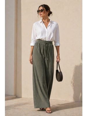 Polo State Kadın Haki Fitilli Wide Leg Pantolon Lastik Bel Kordonlu