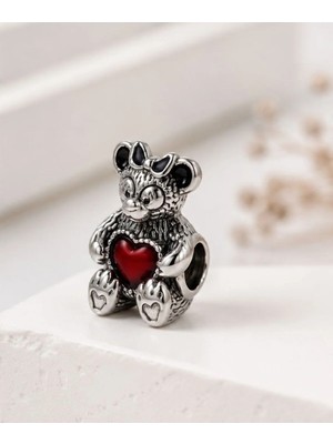 Singularis Kırmızı Kalpli Sevimli Ayıcık Bear Charm - Fiyonklu Gümüş Kaplama Bileklik Ucu
