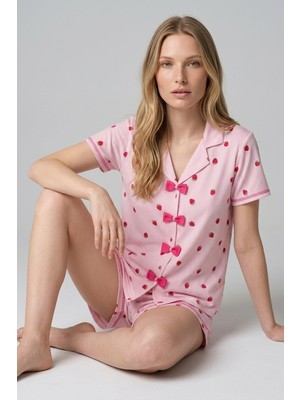 Morro Kadın Bordo Ayıcık Desenli Fitilli Kısa Kollu Şortlu Pijama Takımı