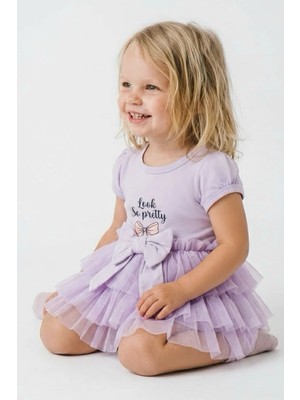 Breeze Kız Bebek Kısa Kollu Çıtçıtlı Zıbın Elbise Tütü Etekli Fiyonk Detaylı 6 Ay - 2 Yaş , Lila