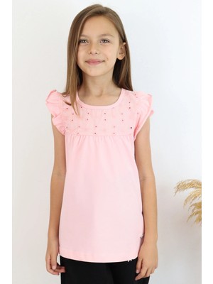 Breeze Kız Çocuk Tişört Fırfırlı Nakışlı 4-8 Yaş, Pembe