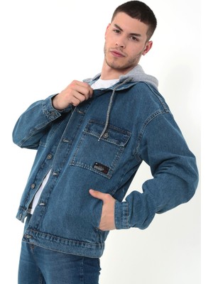 Little Cup Jeans Co Erkek Mavi Kapüşonlu Çıkarılabilir Kapüşonlu Oversize Kot Ceket