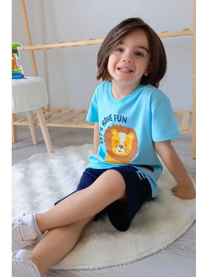 Breeze Erkek Çocuk Şortlu Takım Bebek Aslancık Baskılı 1-4 Yaş, Açık Mavi