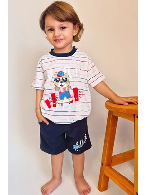 Breeze Girls & Boys Erkek Çocuk Şortlu Takım Çizgili Havalı Hayvancık Baskılı 1.5-5 Yaş, Beyaz