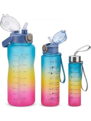 Larskas 3'lü Motivasyonel Matara Seti, Iç Içe Geçebilir Tasarım, 2000ML, 900ML ve 300ML, Gradyan Renk Seçenekleri, Sticker ve Pipet Hediyeli (Gece Yarısı)