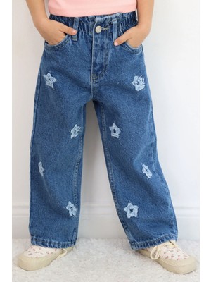 Breeze Kız Çocuk Jean Pantolon Yıldız Nakışlı Beli Lastikli Düğmeli 1.5-5 Yaş, Mavi