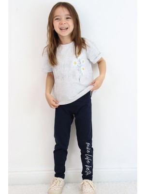 Breeze Kız Çocuk Taytlı Takım Çiçek & Yazı Baskılı Fiyonklu 5-10 Yaş, Açık Gri Melanj