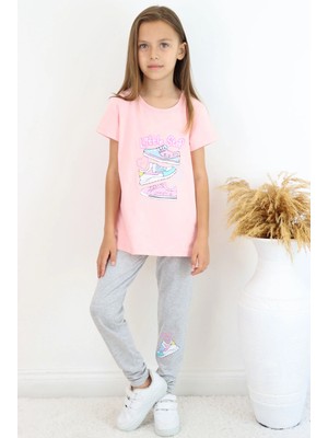 Breeze Kız Çocuk Taytlı Takım Renkli Ayakkabı Baskılı 5-10 Yaş, Pembe