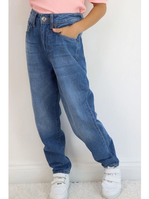 Breeze Kız Çocuk Jean Pantolon Cepli Düğmeli 9-14 Yaş, Mavi