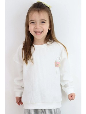 Breeze Kız Çocuk Sweatshirt Waffle Dokulu Kalpli Ponponlu Arma Detaylı 5-9 Yaş, Ekru