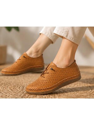 N Napa Shoe NP.8208L.TABA Deri Napa Shoe Kadın Hakiki Deri Lazer Kesim Günlük Ayakkabı Bağcıklı Ortopedik Comfort Sneaker Taba