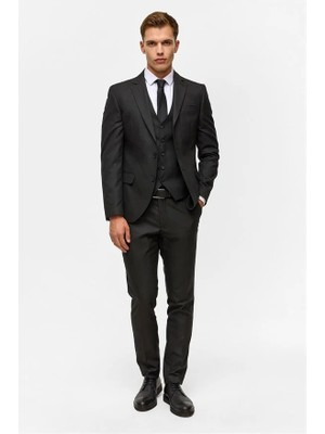 Süvari Siyah Slim Mono Yaka 6 Drop Yelekli Takım Elbise