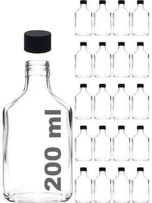 Larskas Afracam 200 ml Yassı Şeffaf Cold Brew Şişesi Siyah Plastik Kapaklı 200 cc Soğuk Kahve Cam Şişe 20 Adet