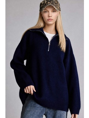DeFacto Oversize Polo Yaka Kısa Fermuarlı Lacivert Kazak H2635AX26WN