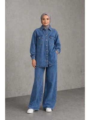 Kadın Denim Takım Oversize Gömlek & Wide Leg Pantolon Mavi