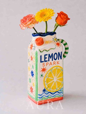 Aura Lemon Spark El Yapımı Seramik Dekoratif Vazo, Limon Desenli Renkli Çiçeklik, Modern Masa ve Ev Dekoru