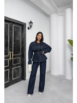 Polo State Lacivert Kuşaklı Denim Takım Oversize Ceket ve Yüksek Bel Pantolon