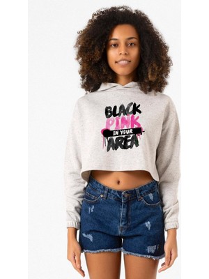 Tshirthane Black Pink In Your Area Beyaz Kırçıllı Kadın Crop Kapşonlu