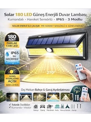 Larskas Solar 180 LED Güneş Enerjili Duvar Lambası, Kumandalı, Hareket Sensörlü, IP65 Su Geçirmez, 3 Modlu, Dış Mekan Bahçe & Garaj Aydınlatması          [enerji Sınıfı A]