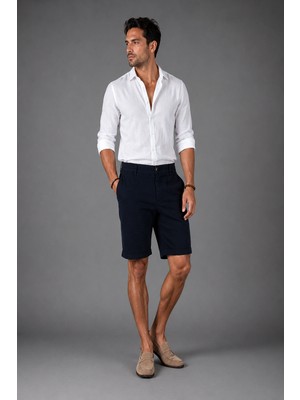 Bisse Indigo Pamuk Keten Lastikli Doğal Bermuda Şort SH25Y25001_D66